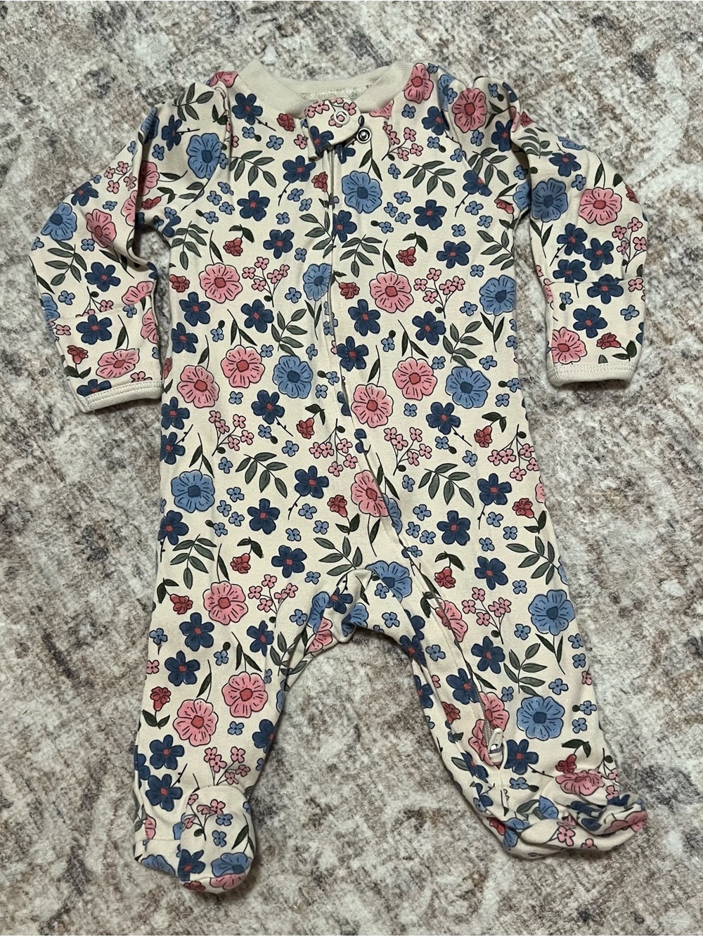 Baby Floral Zip Footed One-Piece - Pink & Blue Flowers